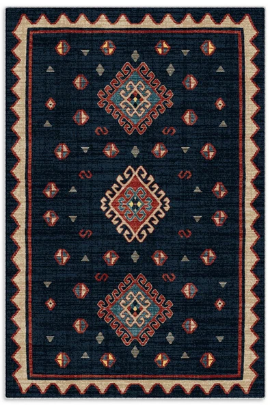 Pastel Home Vintage Lacivert Anadolu Kilim Şönil Halı Yolluk Kaymaz Saçaklı Yıkanabilir Oturma Odası Mutfak ürün görseli 1