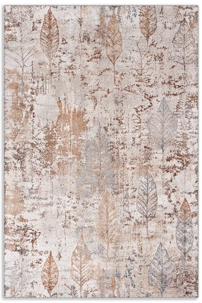 Pastel Home Tasarım Çift Taraflı Yıkanabilir Şönil Halı Kilim Yolluk Vizon Kahve Yaprak Desenli ürün görseli 1