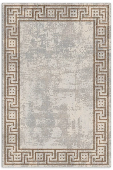 Pastel Home Kahverengi Çerçeveli Vizon Gri Şönil Halı Kilim Yolluk Yıkanabilir Kaymaz Saçaklı Mutfak Koridor ürün görseli 1