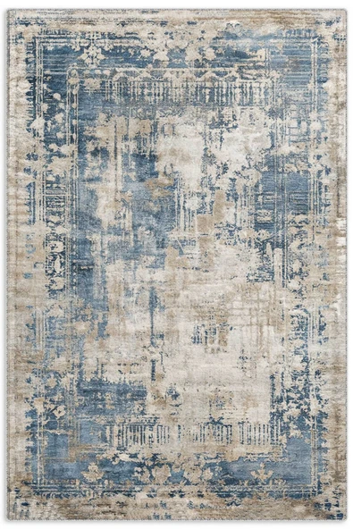 Pastel Home Tasarım Çift Taraflı Yıkanabilir Şönil Halı Kilim Yolluk Eskitme Çerçeveli Mavi ürün görseli 1