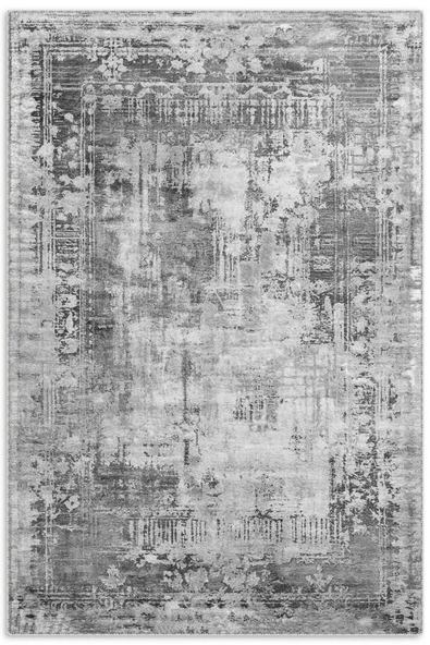 Pastel Home Tasarım Çift Taraflı Yıkanabilir Eskitme Şönil Halı Kilim Yolluk Gri Vintage Çerçeveli ürün görseli 1