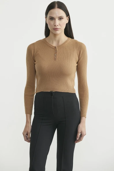 Fitilli Crop Triko Kazak - Karamel ürün görseli 1