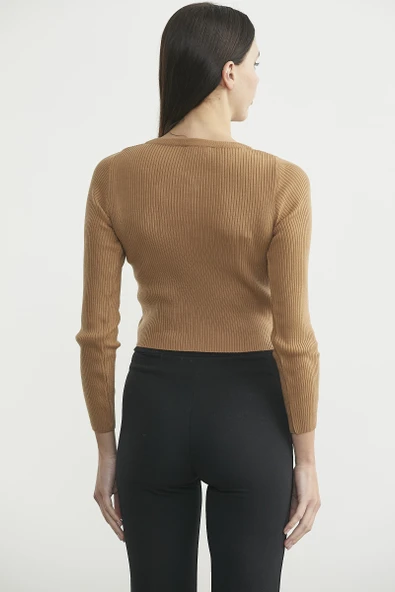 Fitilli Crop Triko Kazak - Karamel - Resim 5