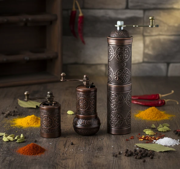 LUDIA Zamak Metal Bakır Renk 3 lü Set Karabiber,Kahve,Çörek Otu El Değirmeni Öğütücü Grinder S2 ürün görseli 1