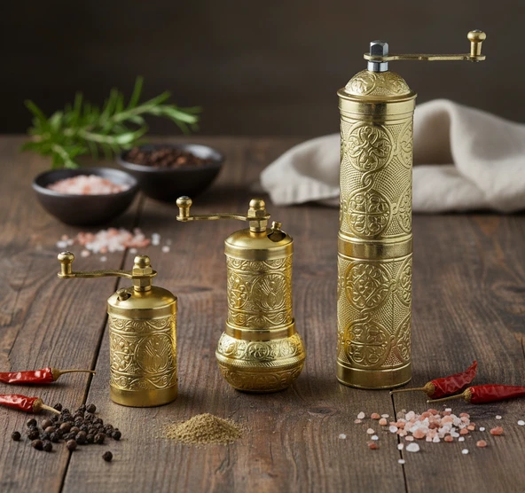 LUDIA Zamak Metal Altın Renk 3 lü Set Karabiber,Kahve,Çörek Otu El Değirmeni Öğütücü Grinder S2 ürün görseli 1