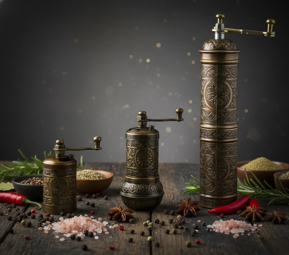 LUDIA Zamak Metal Antik Renk 3 lü Set Karabiber,Kahve,Çörek Otu El Değirmeni Öğütücü Grinder S2 ürün görseli 1