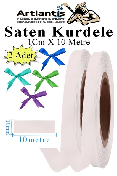 Beyaz Kurdele Saten 1 Cm 10 Metre 2 Adet Saten Kurdela Parlak Hediye ve Süsleme Şeridi Süs Paketleme Çiçek Saç El ürün görseli 1