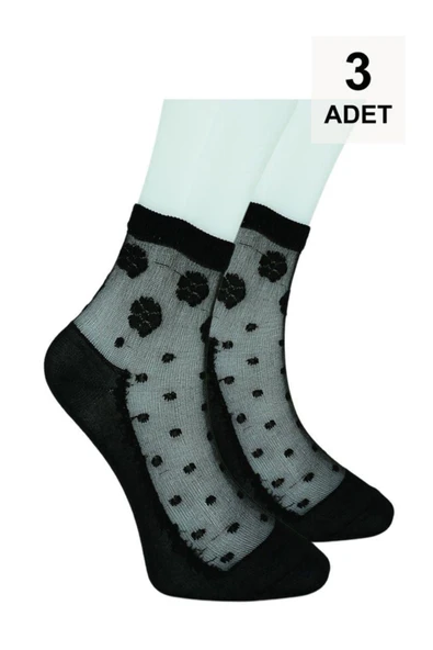 3 Adet Tül Patik Çorap - Siyah - Resim 5