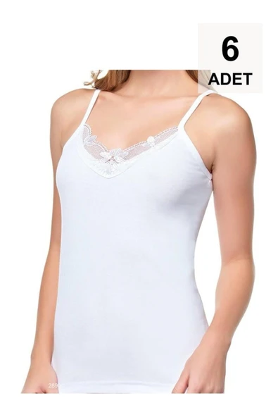 6 Adet İp Askılı Güpürlü Kadın Atlet - Beyaz ürün görseli 1