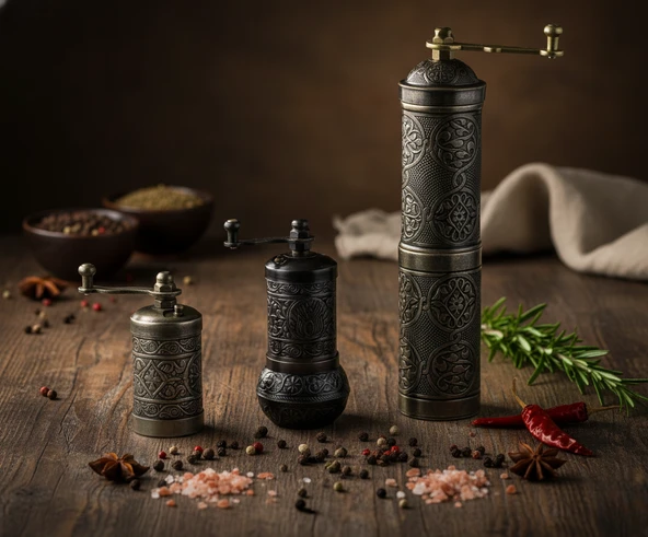 LUDIA Zamak Metal Kalay Renk 3 lü Set Karabiber,Kahve,Çörek Otu El Değirmeni Öğütücü Grinder S2 ürün görseli 1