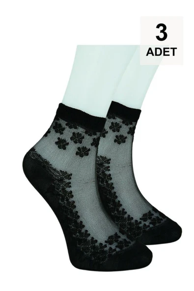 3 Adet Tül Patik Çorap - Siyah - Resim 3