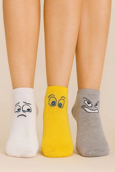 Kadın Renkli Emoji Yüz İfadeli Desenli Çorap 6’lı Set ürün görseli 1