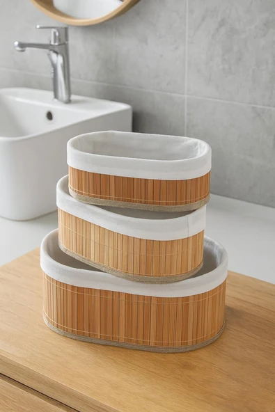 3 lü Bambu Sepet Seti - Doğal Katlanabilir,Dekoratif Organizer - Banyo Ve Ev Düzeni ürün görseli 1