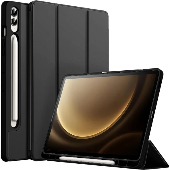 Samsung Galaxy Tab S9 Fe Plus X610 12.4 İnç Kılıf Premium Silikon Kalem Bölmeli Smart Case  Siyah ürün görseli 1