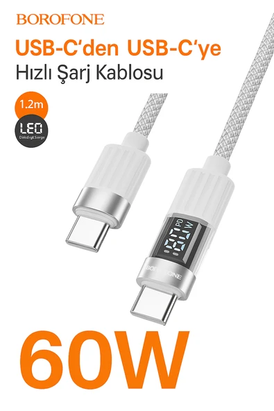 60W USB-C to USB-C Şarj ve Data Kablosu  LED Ekranlı, Hızlı Şarj, 1.2m ürün görseli 1