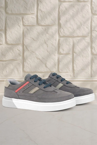 Rakerplus Gri Hakiki Deri Bağcıklı Erkek Çocuk Sneaker Ayakkabı ürün görseli 1