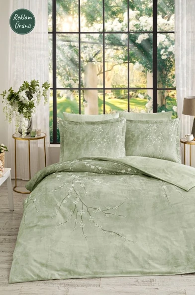 Özdilek White Sakura Yeşil Çift Kişilik %100 Pamuk Lastik Çarşaflı Nevresim Takımı ürün görseli 1