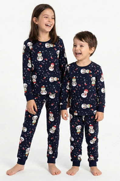 Unisex Yılbaşı Kardan Adam Desenli Çocuk Pijama Takımı ürün görseli 1