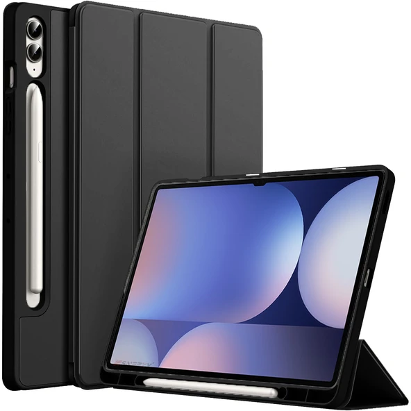 Samsung Galaxy Tab S10 Plus X820 12.4 İnç Kılıf Premium Silikon Kalem Bölmeli Smart Case  Siyah ürün görseli 1