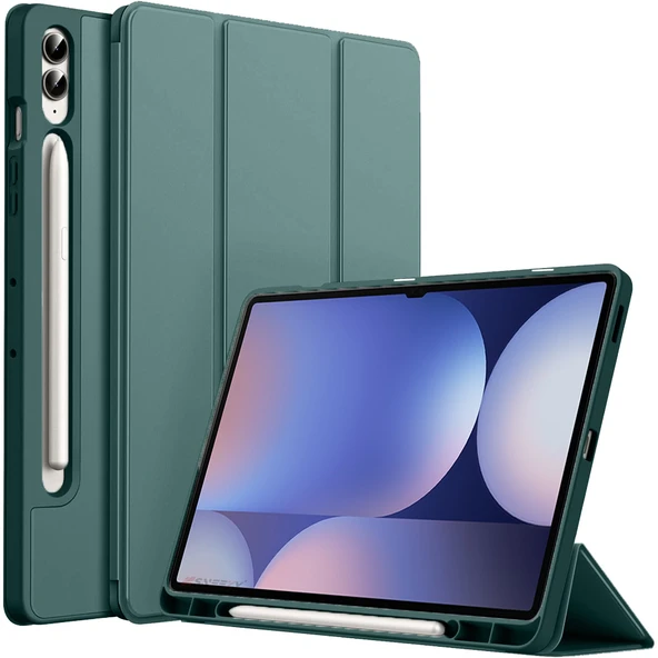 Samsung Galaxy Tab S10 Plus X820 12.4 İnç Kılıf Premium Silikon Kalem Bölmeli Smart Case  Haki ürün görseli 1