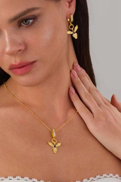 Gümüş Pazarım Safir Taşlı Altın Kaplama Anka Kuşu 925 Ayar Gümüş Set ürün görseli 1