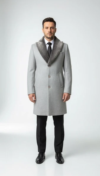 Plus Scorpion Erkek Uzun Kaşe Kaban – Çıkartılabilir Kürk Yaka, Astarlı ve Cepli Slim Fit Mont (Bej, Gri, Siyah, Taba) ürün görseli 1