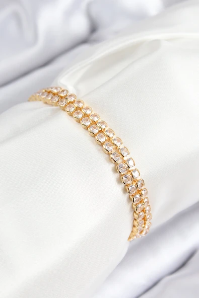 Pirinç Zirkon Taşlı Çift Sıra Model Gold Renk Asansörlü Kadın Bileklik TJ-BB7739 ürün görseli 1