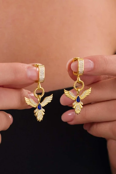 Gümüş Pazarım Safir Taşlı Altın Kaplama Anka Kuşu 925 Ayar Gümüş Küpe ürün görseli 1