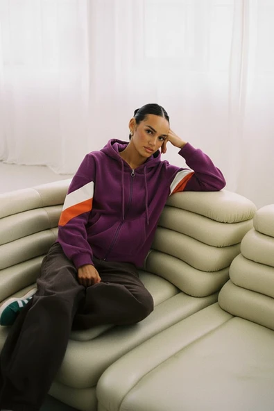 Kadın Fermuarlı Kapüşonlu Cepli Mor Polar Sweatshirt ürün görseli 1