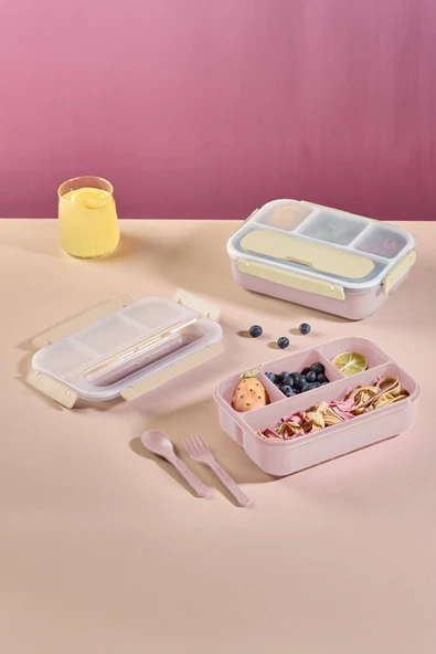 İronika Kaşık Çatallı Lunch Box Sızdırmaz Contalı Kapaklı 4 Bölmeli Beslenme Kabı - Pembe ürün görseli 1