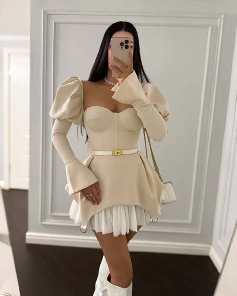 Dalgıç ve Jessica Kumaş Fermuarlı Gloplu kemerli Elbise ürün görseli 1
