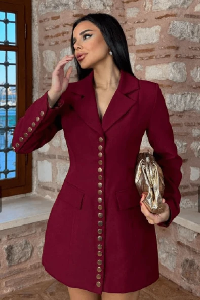 Kadın Bordo Çıt Çıt Gold Düğmeli Mini Ceket Elbise ürün görseli 1
