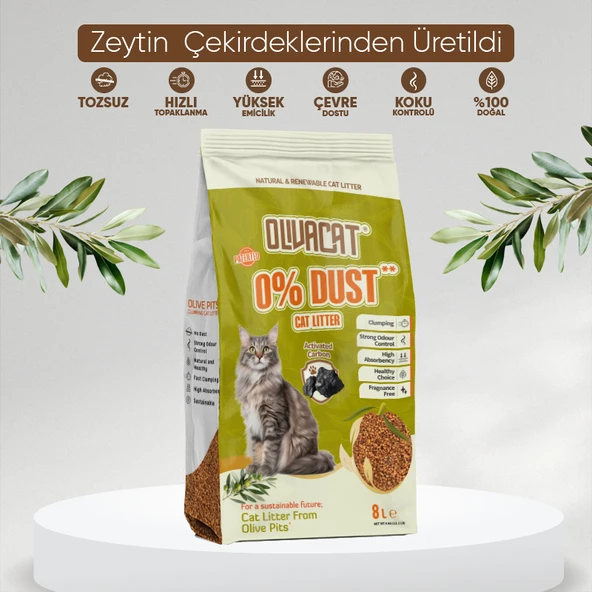 Olivacat Zeytin Çekirdeğinden Üretilen Aktif Karbonlu Tozsuz Doğal Kedi Kumu 8 L ürün görseli 1