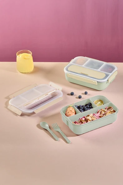 İronika Kaşık Çatallı Lunch Box Sızdırmaz Contalı Kapaklı 4 Bölmeli Beslenme Kabı - Yeşil ürün görseli 1