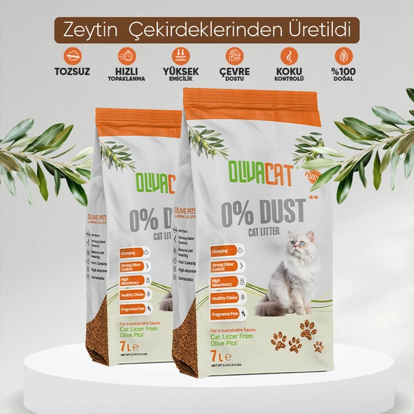 Olivacat Zeytin Çekirdeğinden Üretilen Doğal Tozsuz Kedi Kumu 7L x 2 Adet ürün görseli 1