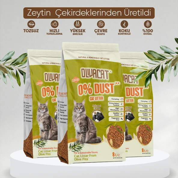 Zeytin Çekirdeğinden Üretilen Aktif Karbonlu Tozsuz Doğal Kedi Kumu 8L x 3 Adet ürün görseli 1