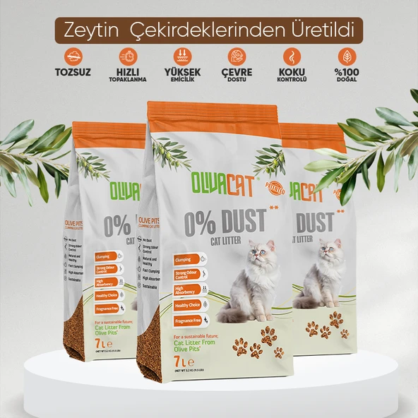 Olivacat Zeytin Çekirdeğinden Üretilen Doğal Tozsuz Kedi Kumu 7L x 3 Adet ürün görseli 1