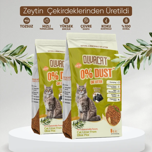 Olivacat Zeytin Çekirdeğinden Üretilen Aktif Karbonlu Tozsuz Doğal Kedi Kumu 8L x 2 Adet ürün görseli 1