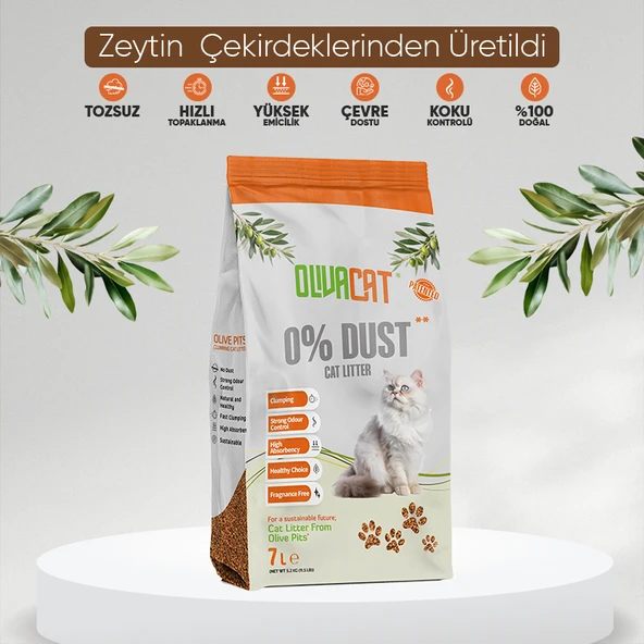 Olivacat Zeytin Çekirdeğinden Üretilen Doğal Tozsuz Kedi Kumu 7 L ürün görseli 1