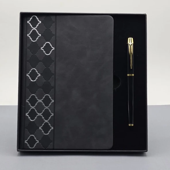 Desenli Siyah Deri Defter Kalem Set ürün görseli 1