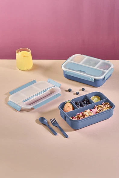 İronika Kaşık Çatallı Lunch Box Sızdırmaz Contalı Kapaklı 4 Bölmeli Beslenme Kabı - Mavi ürün görseli 1
