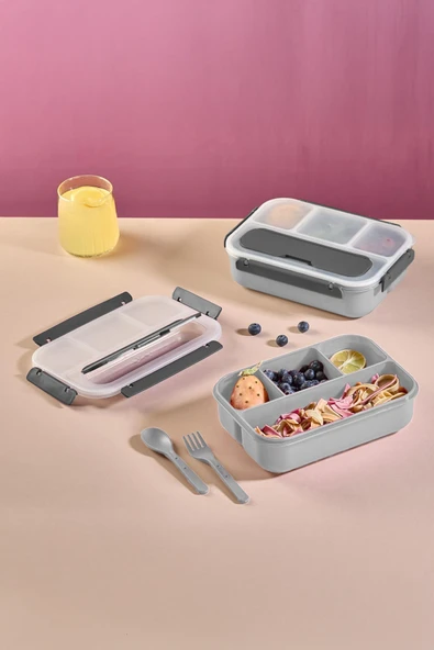 İronika Kaşık Çatallı Lunch Box Sızdırmaz Contalı Kapaklı 4 Bölmeli Beslenme Kabı - Gri ürün görseli 1
