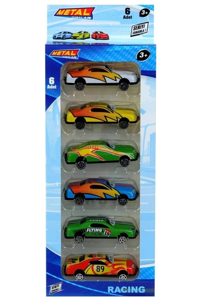 6'lı Metal Araba Seti, Şimşek, Renkli Tasarım, 8CM ürün görseli 1