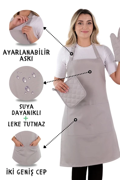 Simple 3lü Set Ayar Askılı Mutfak Önlüğü Seti (ELDİVEN, TUTACAK) ürün görseli 1