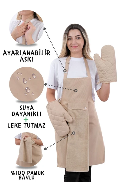 Star İki Eldivenli Set Ayar Askılı 4lü Mutfak Önlüğü Seti (2 ELDİVEN) ürün görseli 1