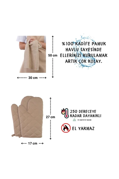 Star İki Eldivenli Set Ayar Askılı 4lü Mutfak Önlüğü Seti (2 ELDİVEN) - Resim 6