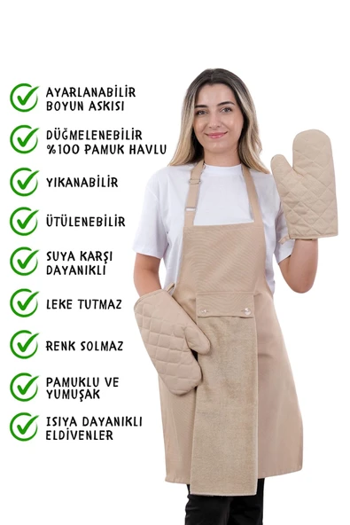 Star İki Eldivenli Set Ayar Askılı 4lü Mutfak Önlüğü Seti (2 ELDİVEN) - Resim 2