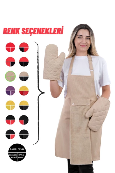 Star İki Eldivenli Set Ayar Askılı 4lü Mutfak Önlüğü Seti (2 ELDİVEN) - Resim 5