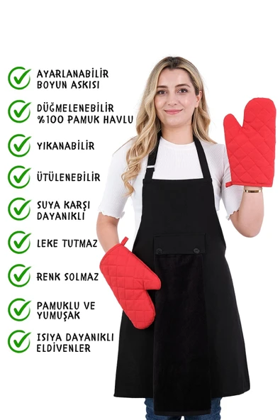 Star İki Eldivenli Set Ayar Askılı 4lü Mutfak Önlüğü Seti (2 ELDİVEN) - Resim 8