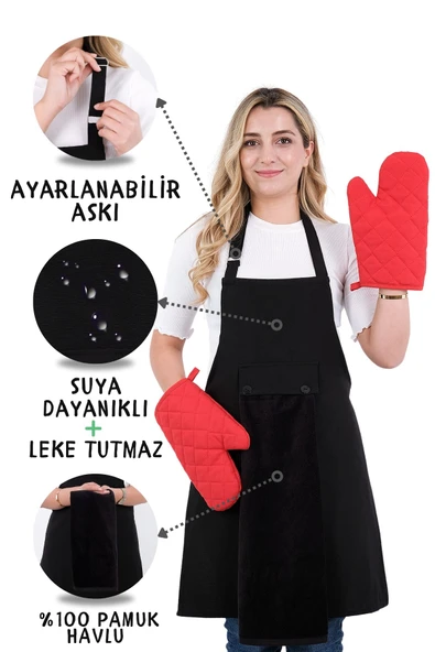 Star İki Eldivenli Set Ayar Askılı 4lü Mutfak Önlüğü Seti (2 ELDİVEN) - Resim 7